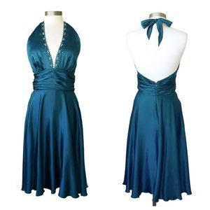 Teal Silk Halter Midi Dress Embellished Backless